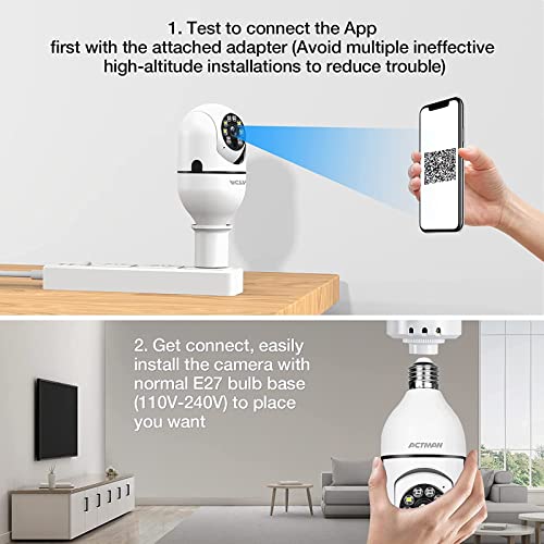 Lonnalee Caméra ampoule WiFi intérieure 360°,HD 1080P,Vision Nocturne Infrarouge Camera Surveillance pour Bébé/Animaux